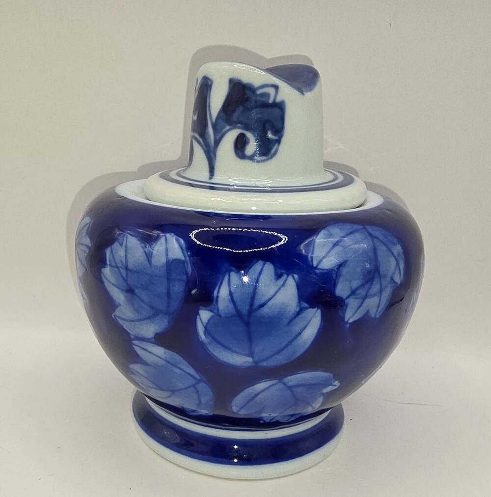 Designpac Ceramic Sugar Bowl Cobalt Blue Leaf Pattern China 70s Vintage